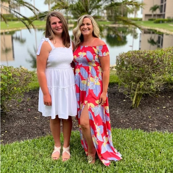 Lulu’s Coral Tropical Print Smocked Bodice Side Slit Maxi Dress - Picture 7 of 13